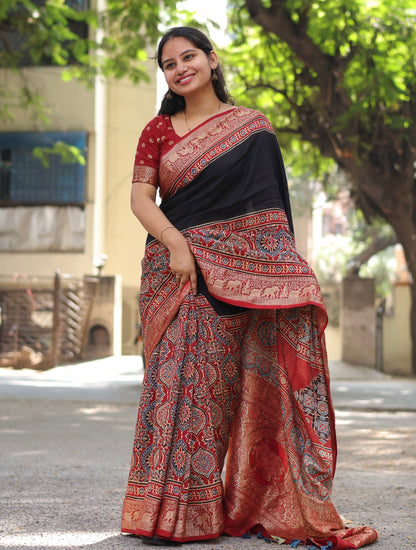 Black & Red Ajrakh Dola Silk Saree