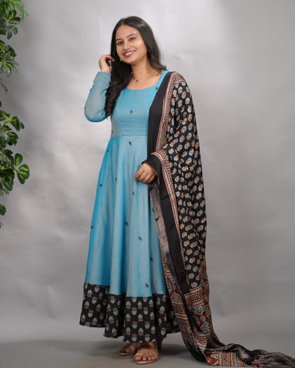 Sky Blue Ajrakh Patch Work Narayanpet Cotton Anarkali Dress with Ajrakh Modal Silk Dupatta | Looms & Tassels