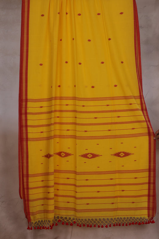 Yellow Malai Cotton Saree with Butta Weaving | Looms & Tassels
