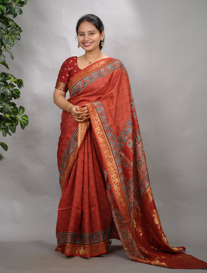 Maroon Ajrakh Handblock printed Dola Silk Saree| Looms & Tassels