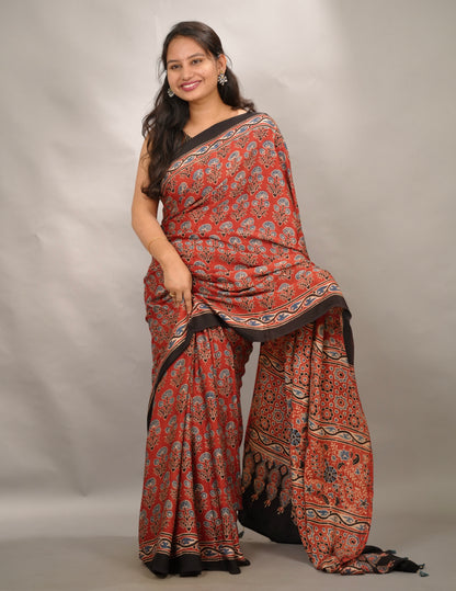 Maroon Kutchi Butta Authentic Ajrakh Handblock Printed Modal Silk Saree | Looms & Tassels