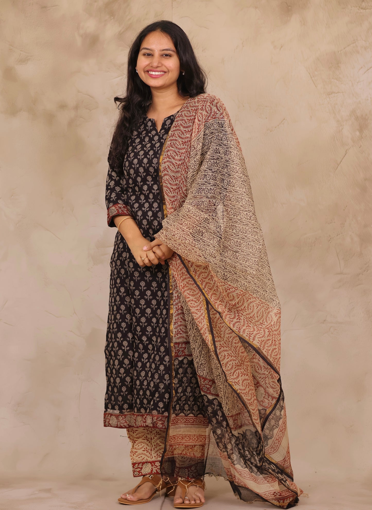 Black Handblock printed kota 3 piece suit (stitched)