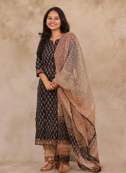 Black Handblock printed kota 3 piece suit (stitched)