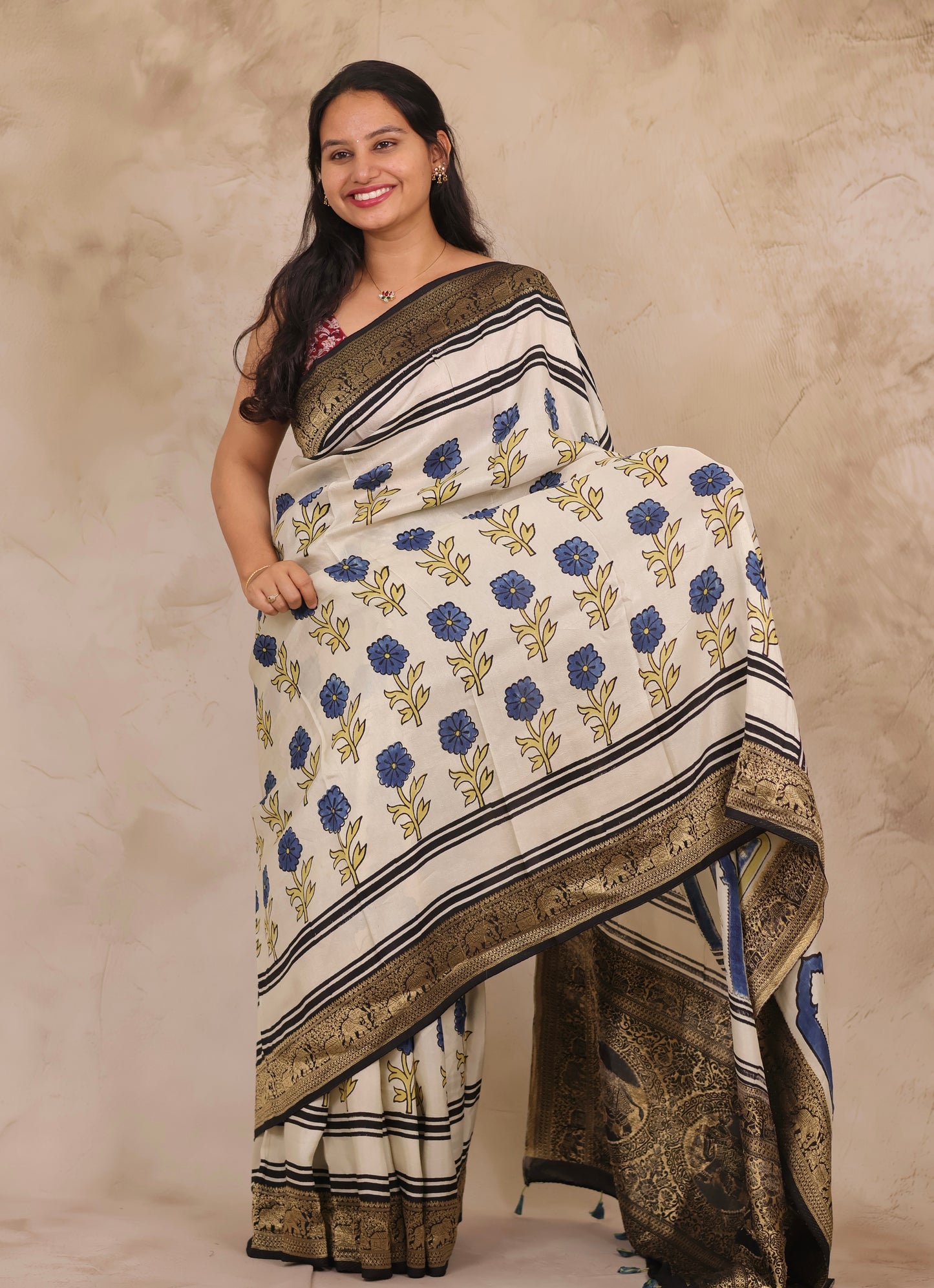 Off White Floral Ajrakh Handblock printed Dola Silk Saree | Looms & Tassels