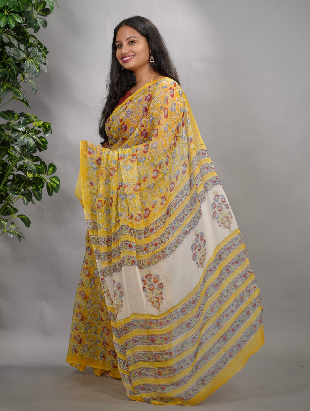 Yellow Chiffon Hand Block Printed Saree| Looms & Tassels