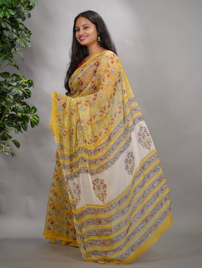 Yellow Chiffon Hand Block Printed Saree| Looms & Tassels