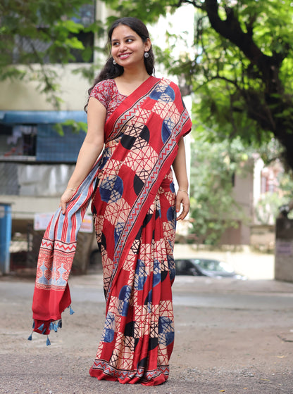 Red Ajrakh Modal Silk Saree