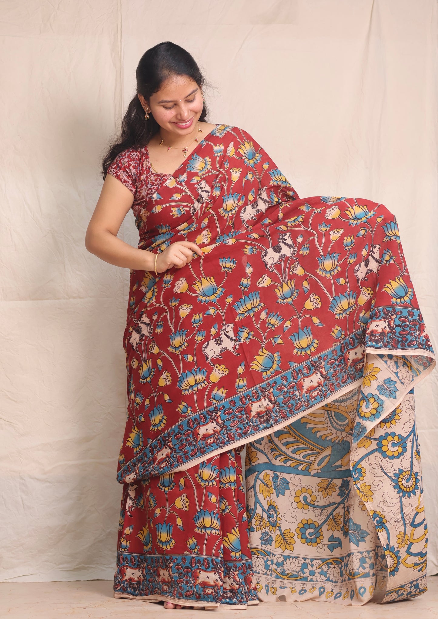 Red Pichwai Kalamkari Cotton Saree