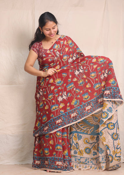Red Pichwai Kalamkari Cotton Saree