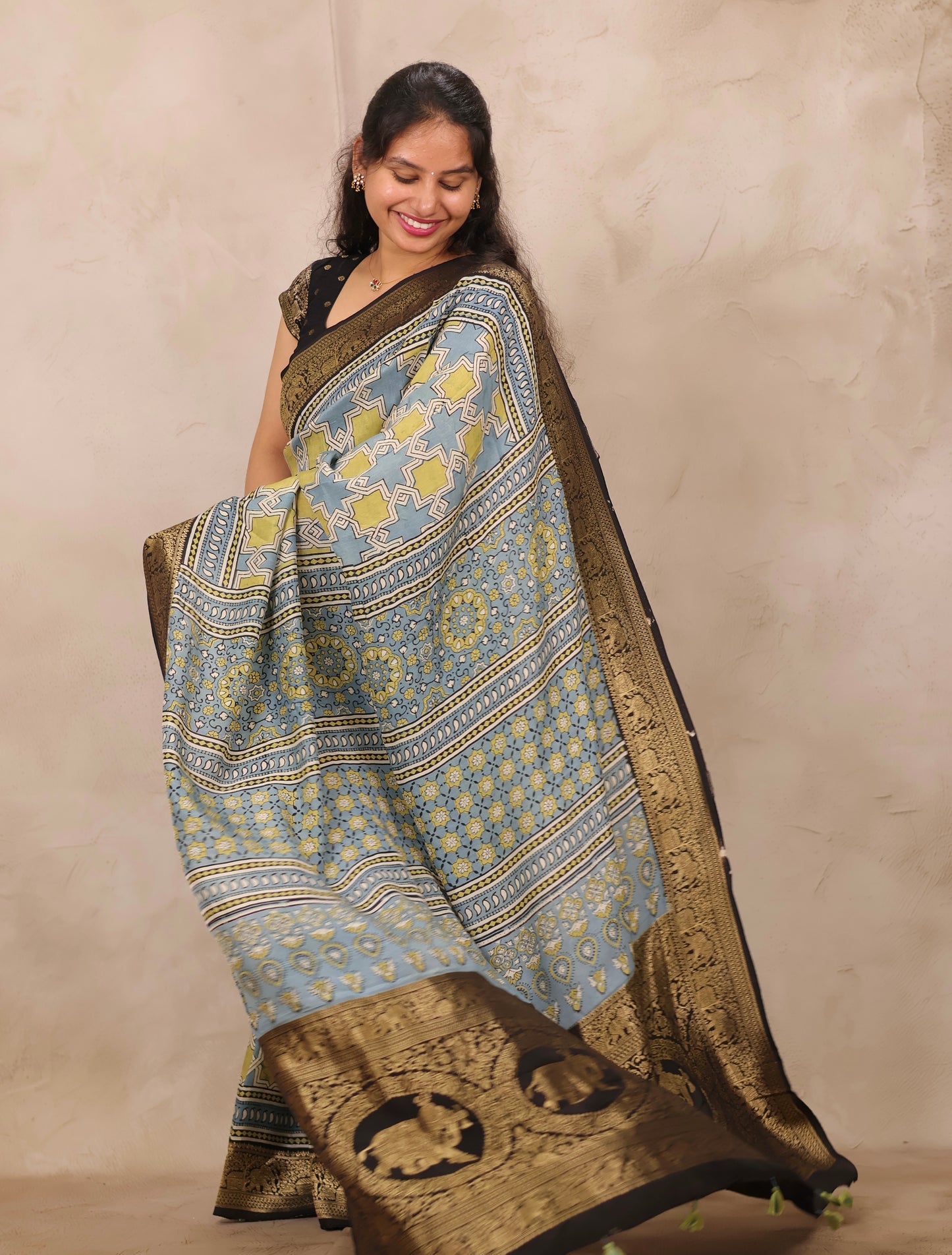 Sky Blue Ajrakh Handblock printed Dola Silk Saree | Looms & Tassels