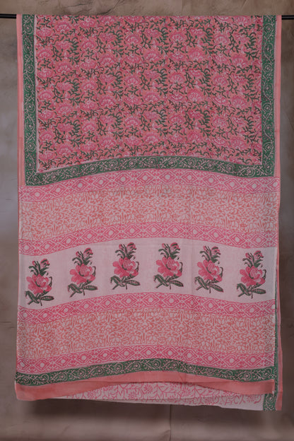 Dusty Rose Pink And Green Bagru Handblock printed MulMul cotton saree