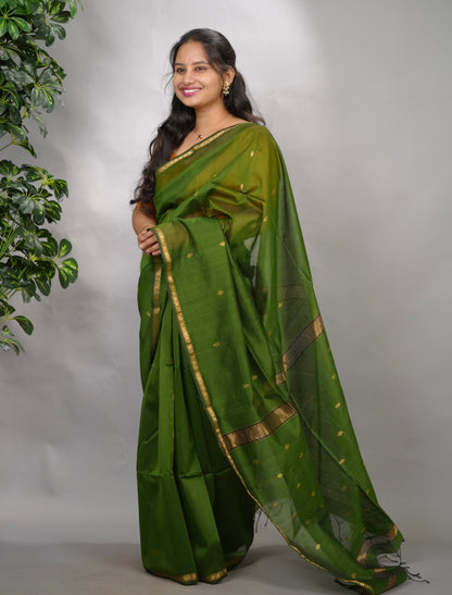 Green Handloom Maheswari Silk Cotton Sarees | Looms & Tassels