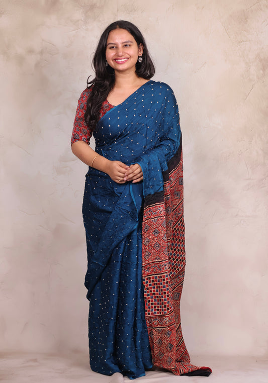 Cyan Blue Hand Knotted Bandhej Modal Silk Saree with Ajrakh Pallu | Looms & Tassels