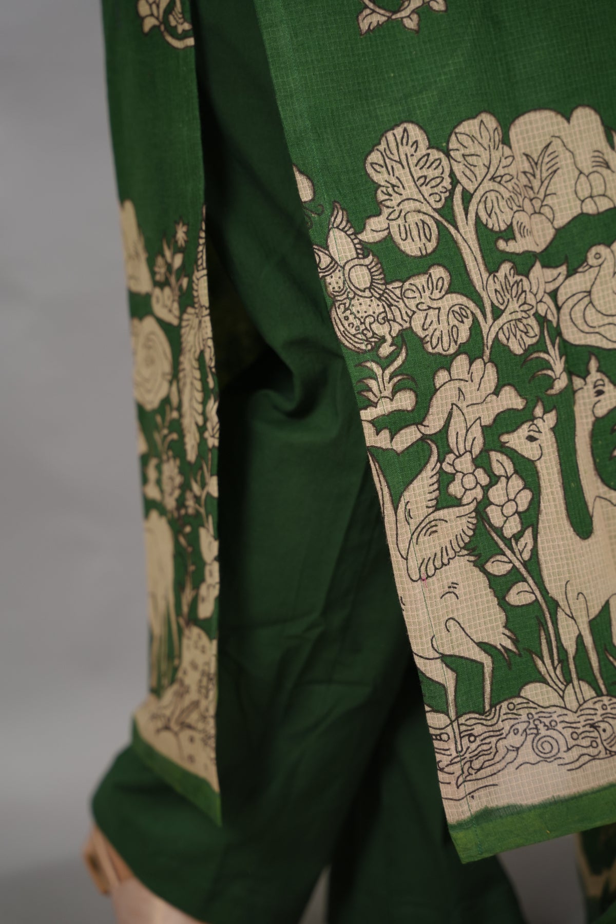 Green Kalamkari Kota Cotton 3 piece suit (stitched) | Looms & Tassels