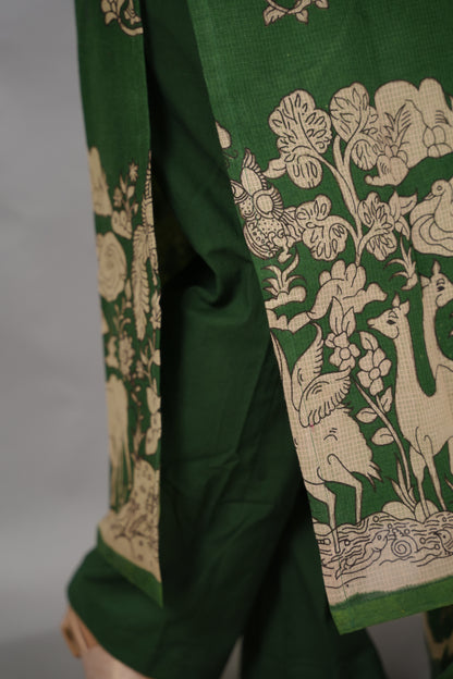 Green Kalamkari Kota Cotton 3 piece suit (stitched) | Looms & Tassels