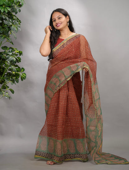 Maroon Pure Kota Doria Saree with Bagru Handblock Prints
