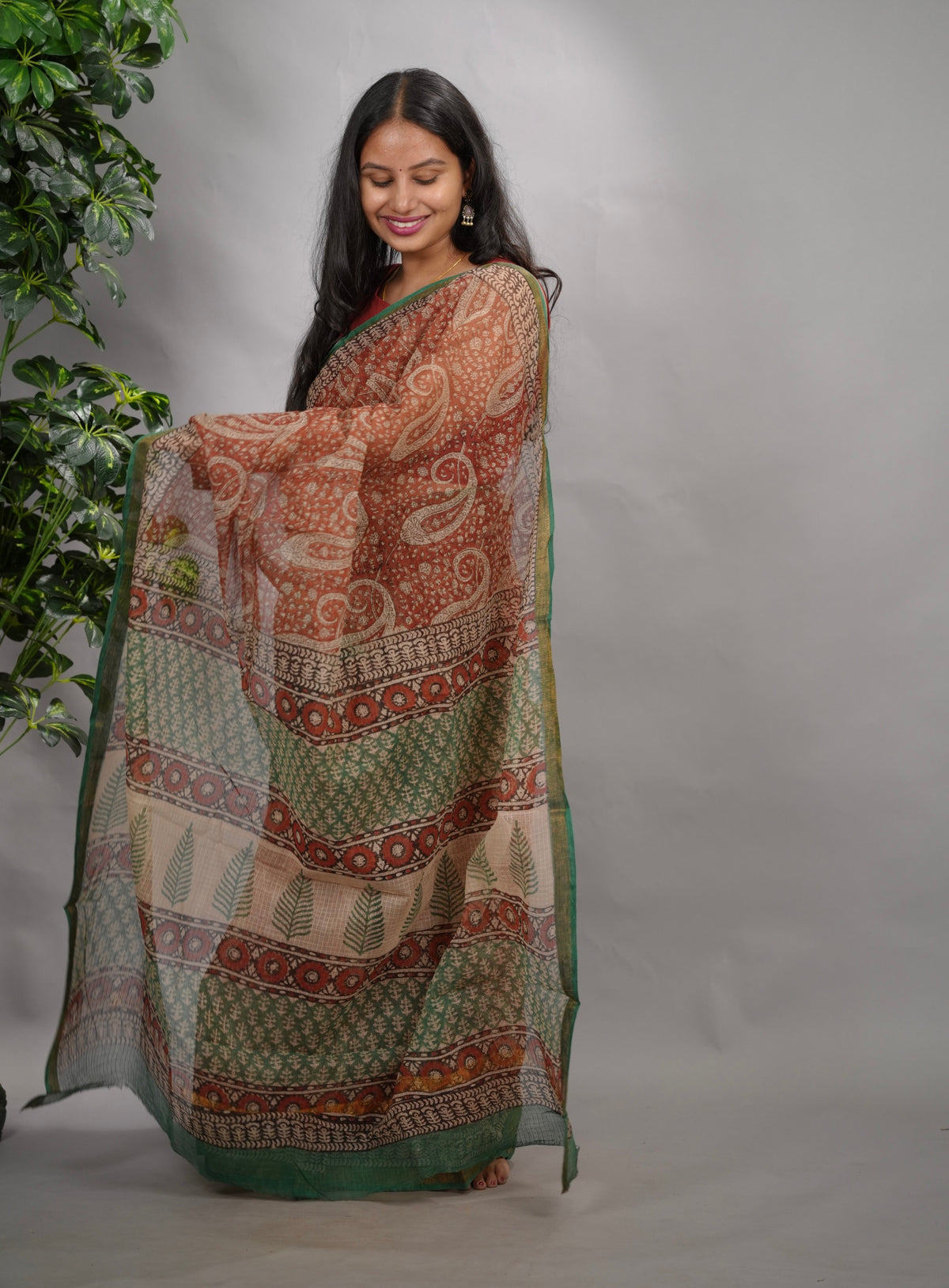 Maroon Pure Kota Doria Saree with Bagru Handblock Prints