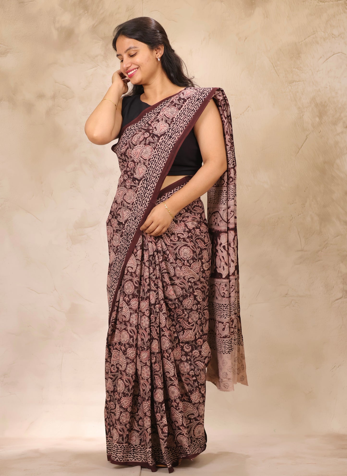 Deep Maroon Hand Block Printed Kalamkari Cotton Saree | Looms & Tassels