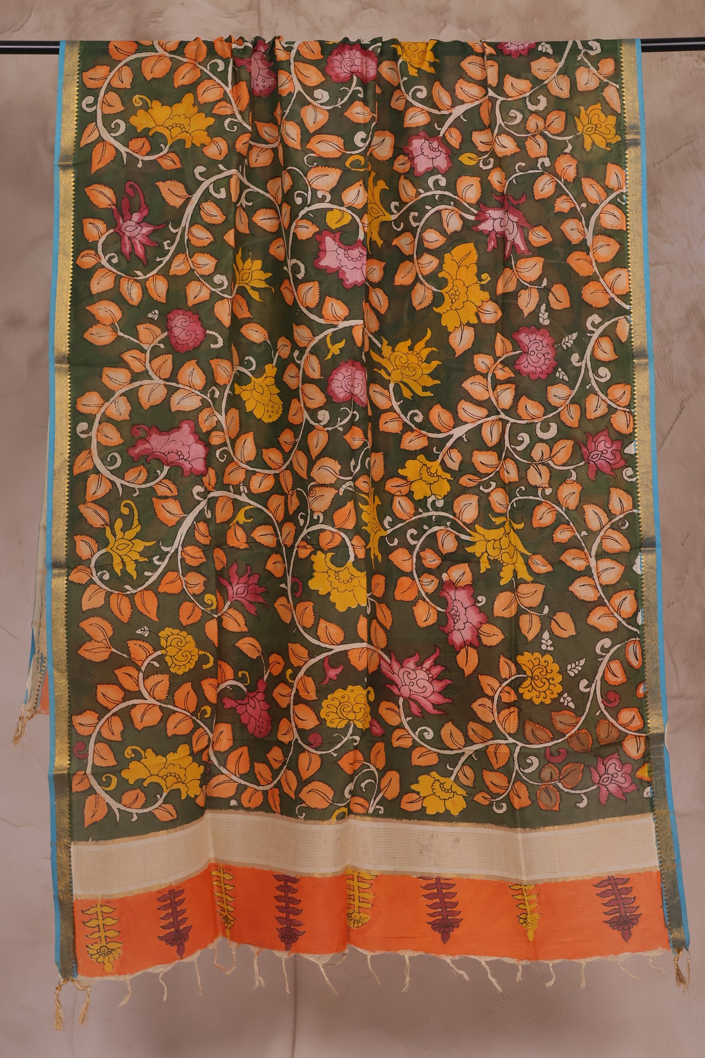 Green Pen Kalamkari Mangalagiri silk Dupatta