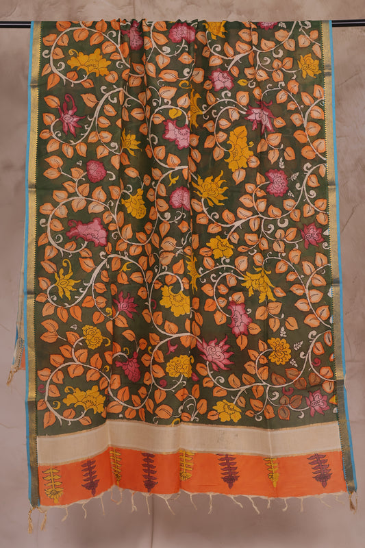 Green Pen Kalamkari Mangalagiri silk Dupatta