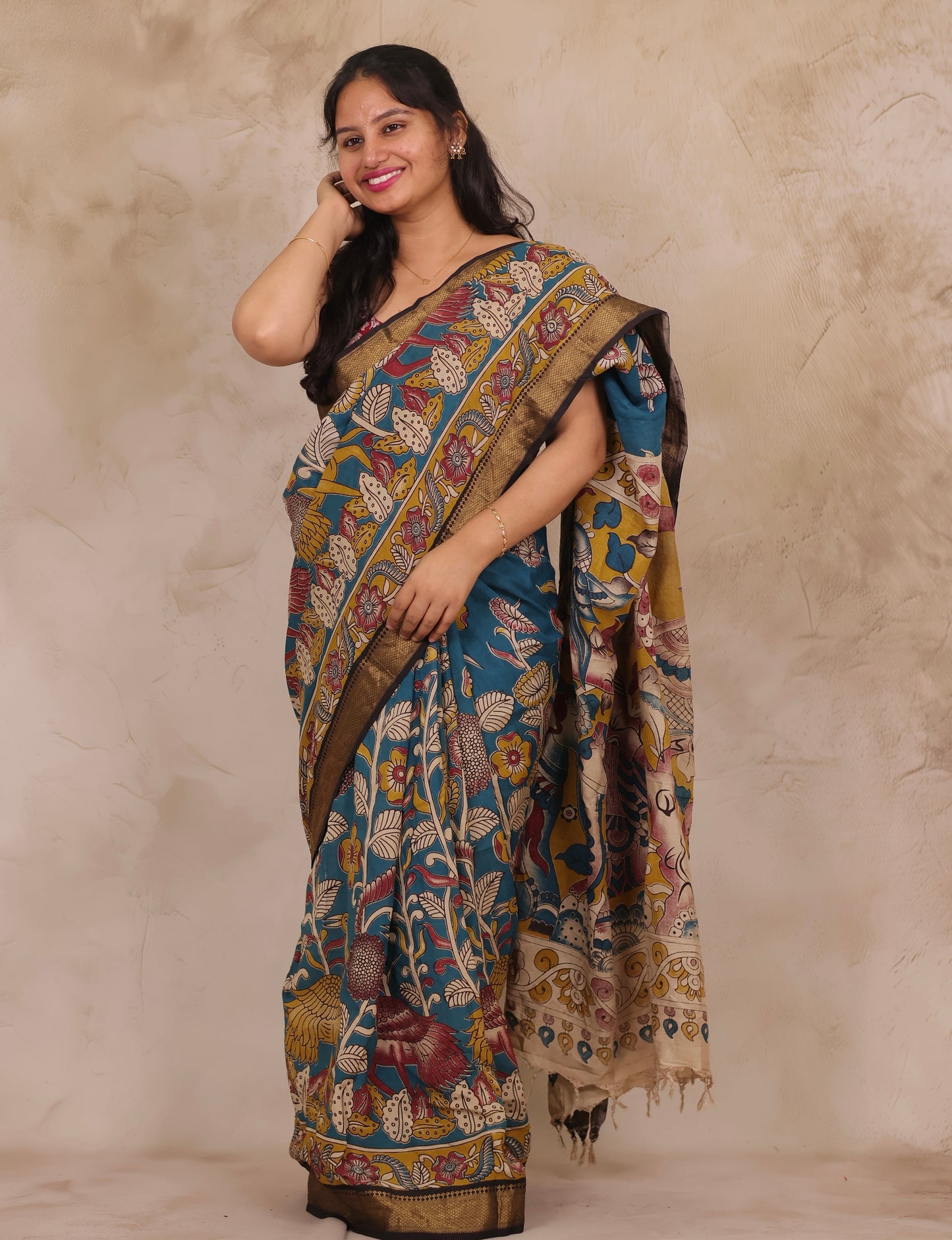 Blue Floral Kalamkari Nizam Border Chennur Silk Saree | Looms & Tassels