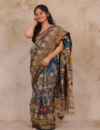Blue Floral Kalamkari Nizam Border Chennur Silk Saree | Looms & Tassels
