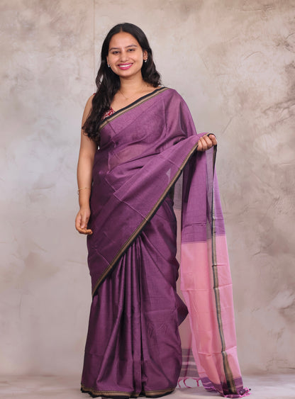 Lavender & Pink Narayanpet Cotton Saree | Looms & Tassels