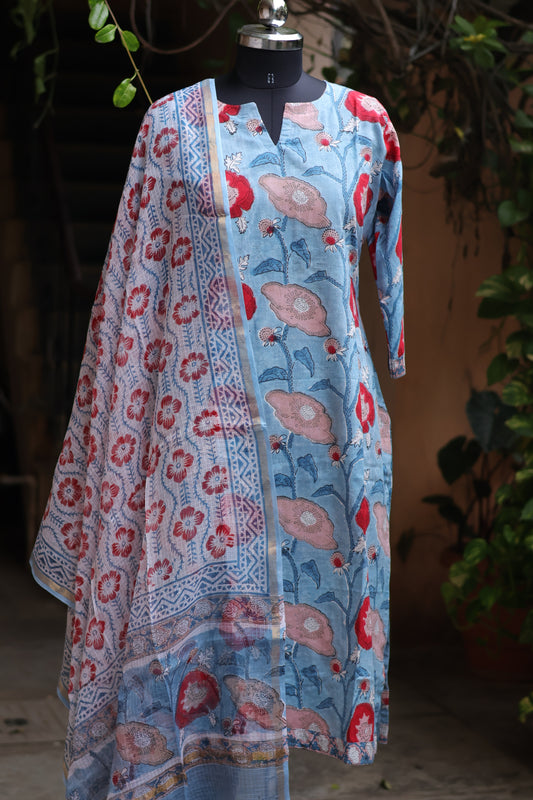 Blue Handblock printed Pure Mul Cotton with Kota Doria Duppata 3 piece suit (stitched)