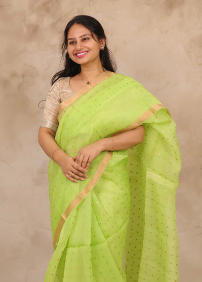 Pista Green Handwoven Muslin Silk Saree With Sequence Work | Looms & Tassels