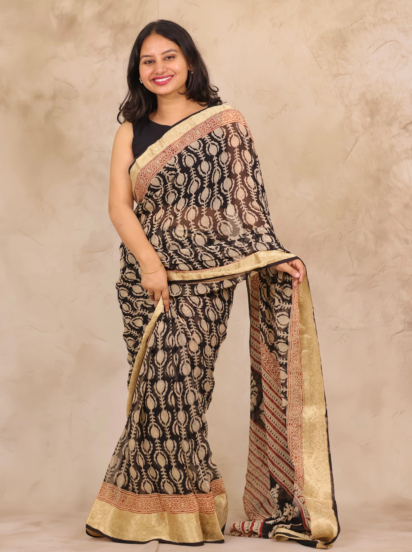 Black Chiffon Hand Block Printed Saree with Jari Border | Looms & Tassels
