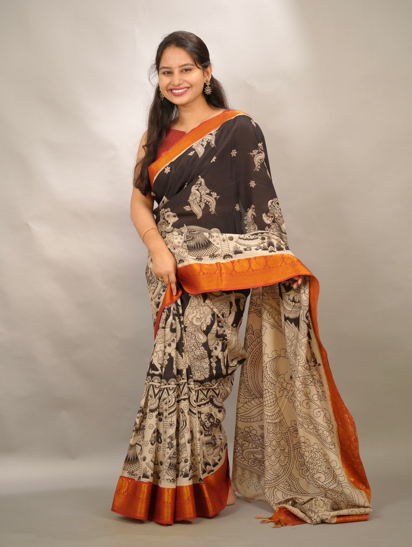 Black Kanchi border Kalamkari Chennur Silk Saree| Looms & Tassels