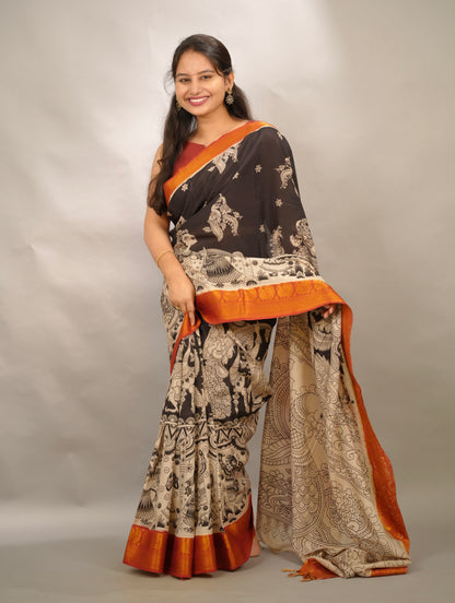 Black Kanchi border Kalamkari Chennur Silk Saree| Looms & Tassels