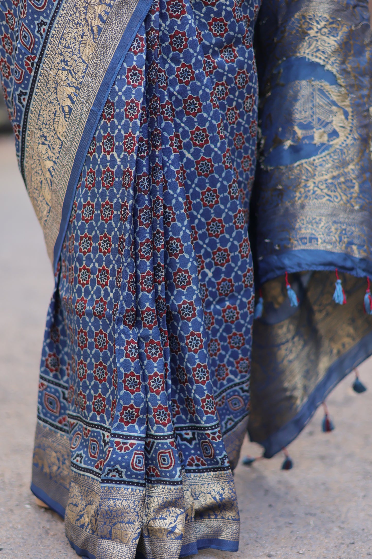 Indigo Ajrakh Dola Silk Saree