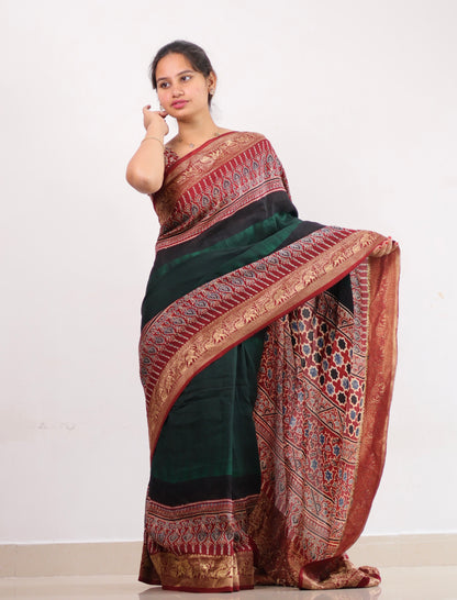 Green Ajrakh Dola Silk Saree