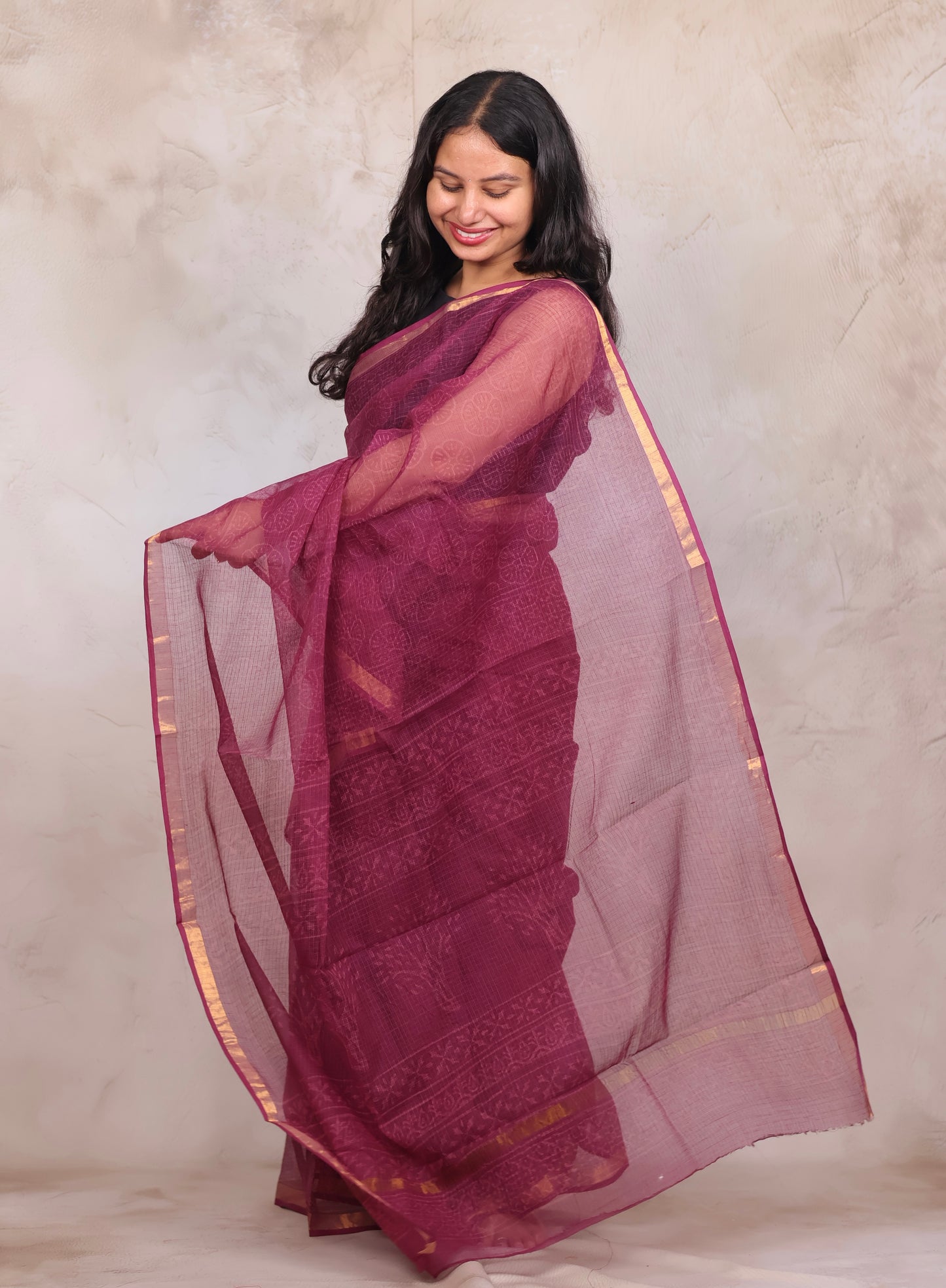 Pure Kota Doria Saree with Bagru Handblock Prints | Looms & Tassels