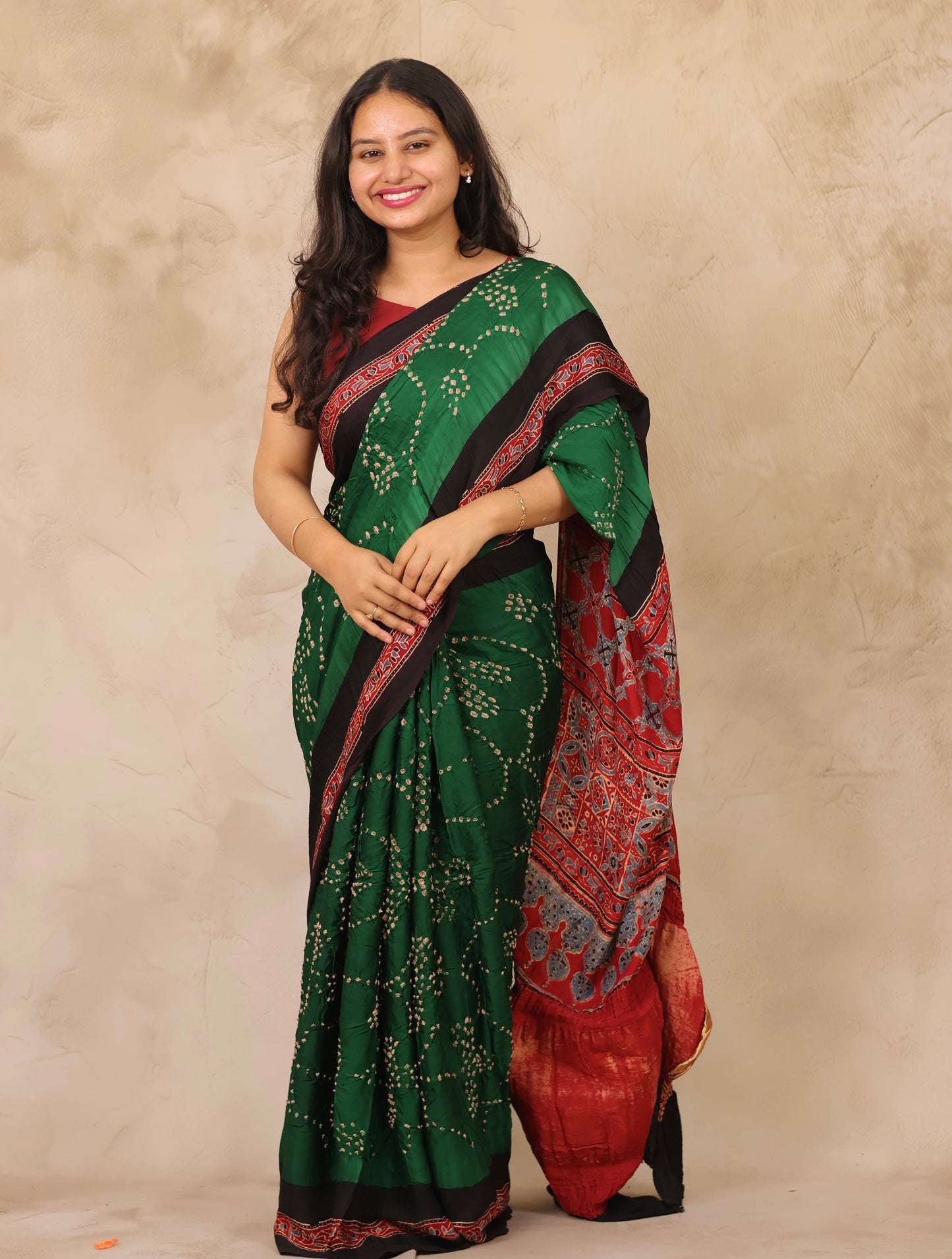 Green Hand Knotted Bandhej Arakh Modal Silk Saree with Lagdi Pallu | Looms & Tassels