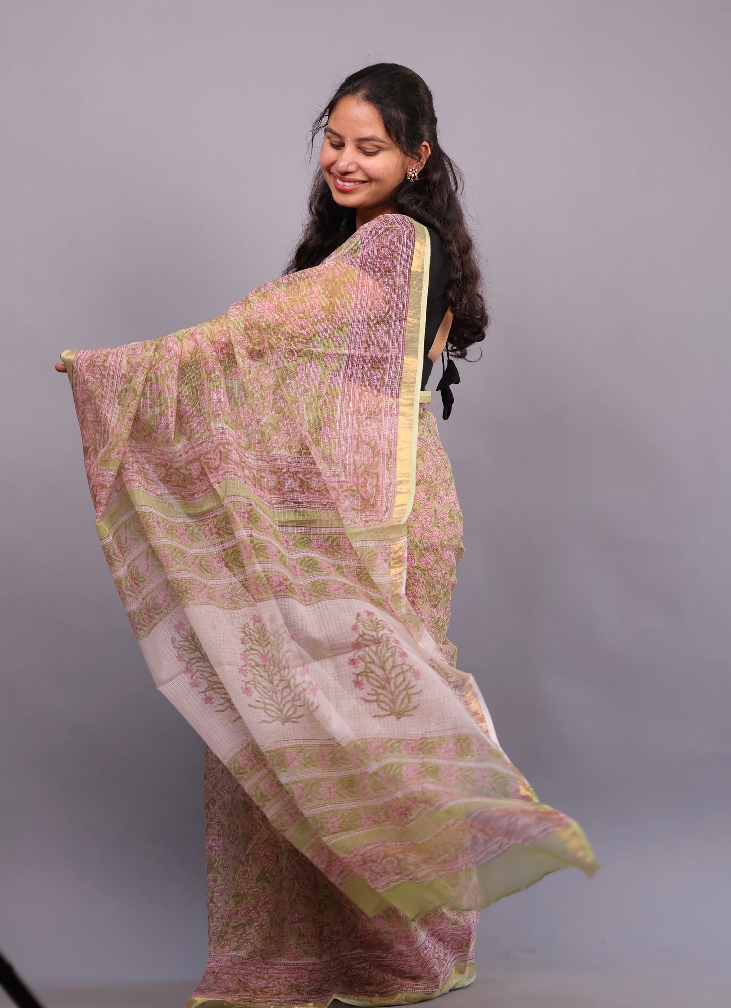 Pure Kota Doria Saree with Bagru Handblock Prints – Cream | Looms