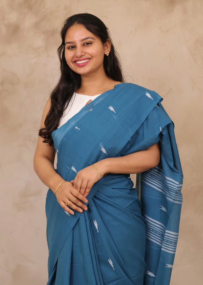 Blue Handwoven Malai Cotton Saree| Looms & Tassels