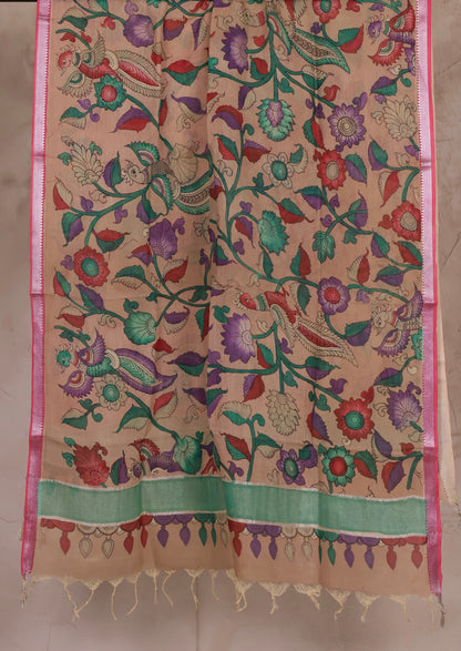 Pastel Pen Kalamkari Mangalagiri silk Dupatta