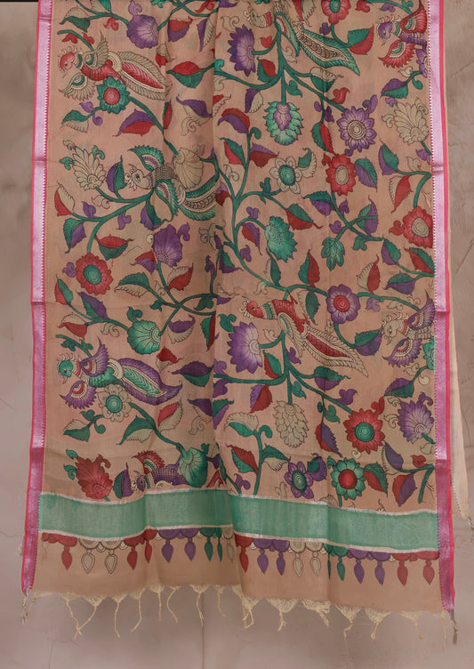 Pastel Pen Kalamkari Mangalagiri silk Dupatta
