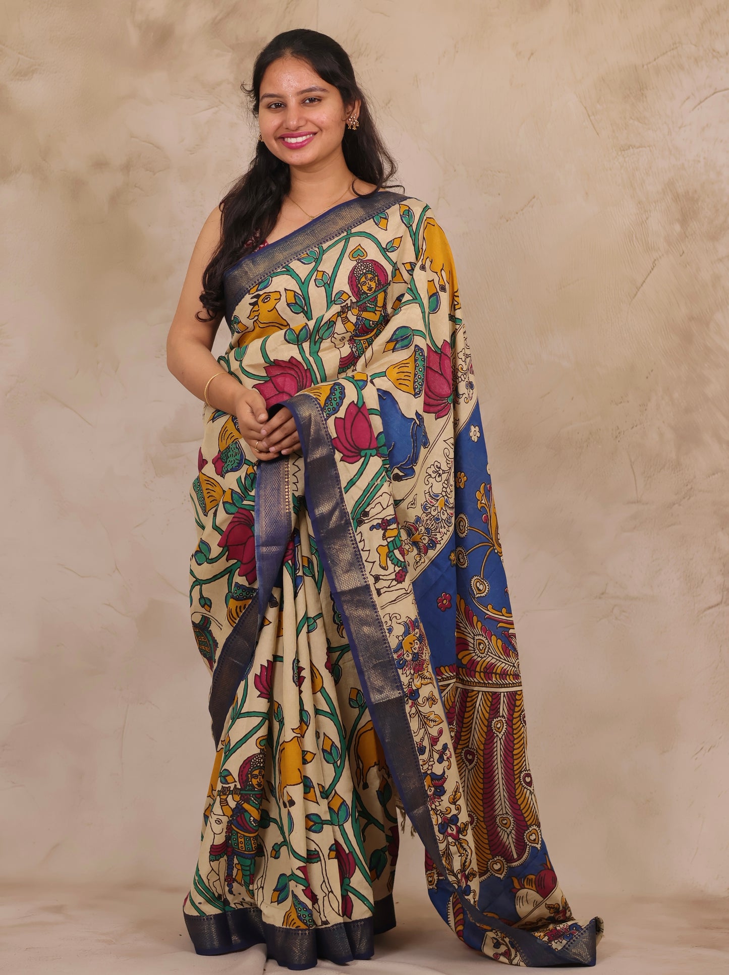 Cream Pichwai Design Kalamkari Nizam Border Chennur Silk Saree | Looms & Tassels