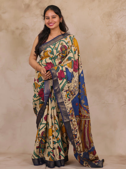 Cream Pichwai Design Kalamkari Nizam Border Chennur Silk Saree | Looms & Tassels
