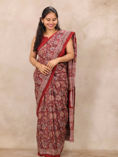 Red Hand Block Printed Kalamkari Cotton Saree | Looms & Tassels
