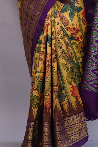 Yellow Kanchi Pattu Hand Painted Pen Kalamkari Saree