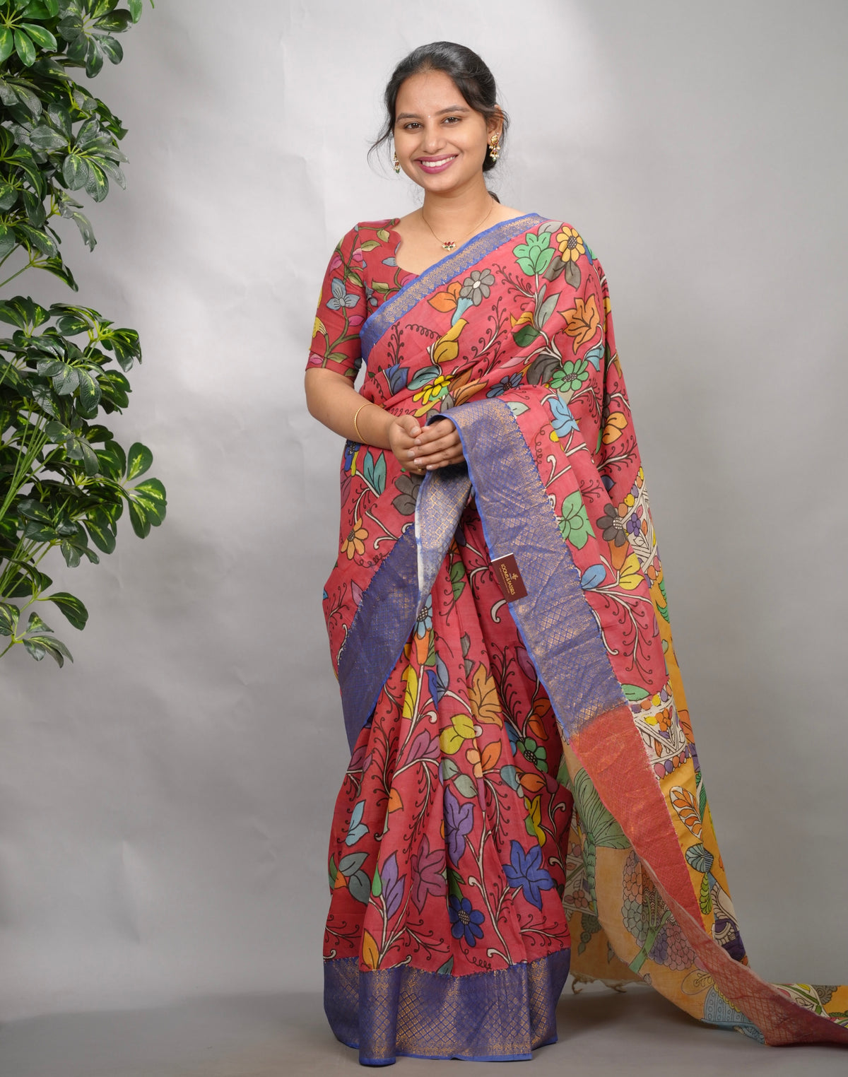 Pink Hand Drawn Pen Kalamkari Bangalore Silk Kanchi Border Saree | Looms & Tassels