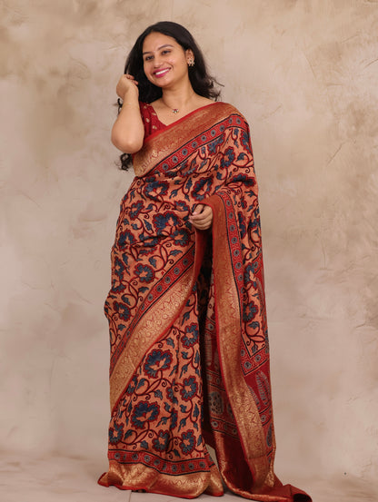 Onion Pink & Blue Ajrakh Handblock printed Dola Silk Saree | Looms & Tassels