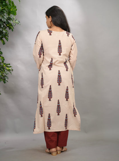 Cream Ajrakh Pattern Hand Block printed Kurti | Looms & Tassels