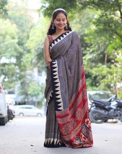 Ajrakh Modal Silk Saree