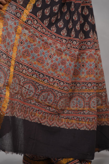 Black Ajrakh Hand Block Printed Sungudi Cotton Saree | Looms & Tassels