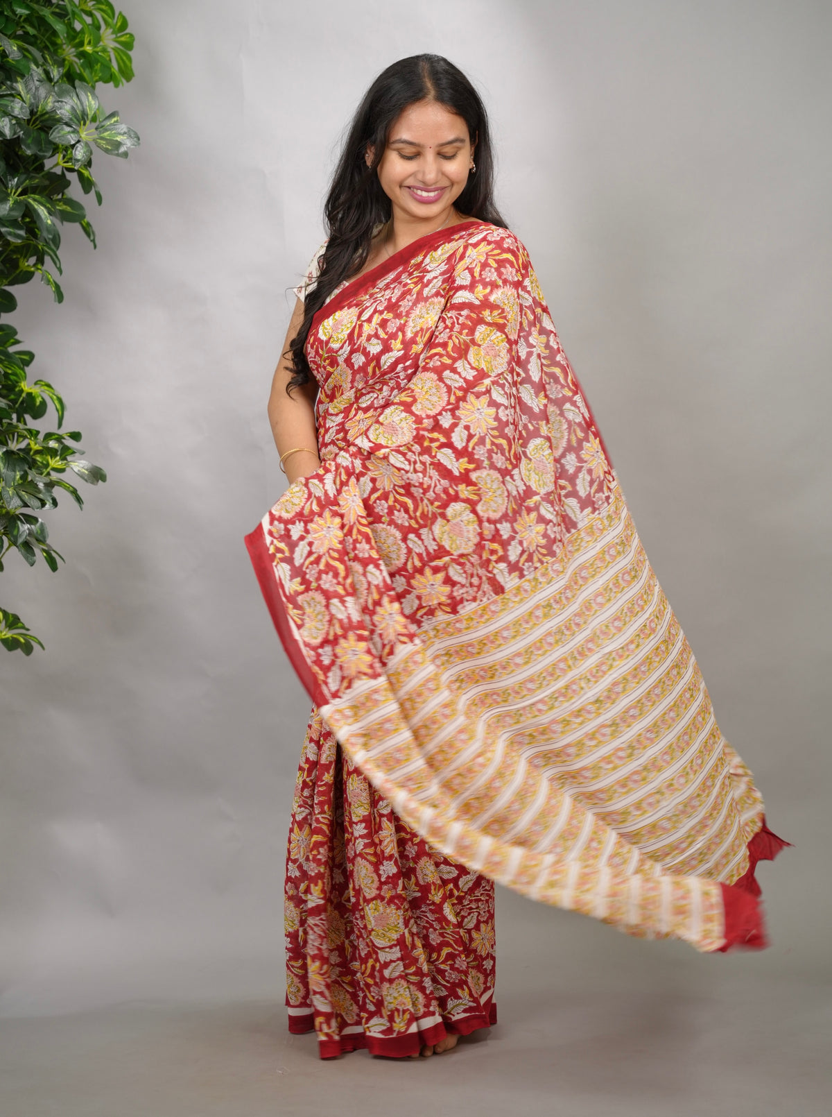 Maroon Georgette Hand Block Printed Saree| Looms & Tassels